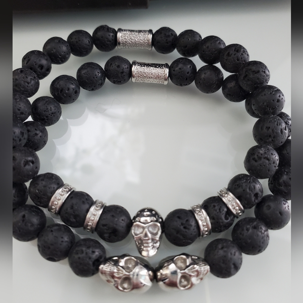 SkeletonHD Black Lava Rock Bead Bracelet Set - Picture 2 of 3